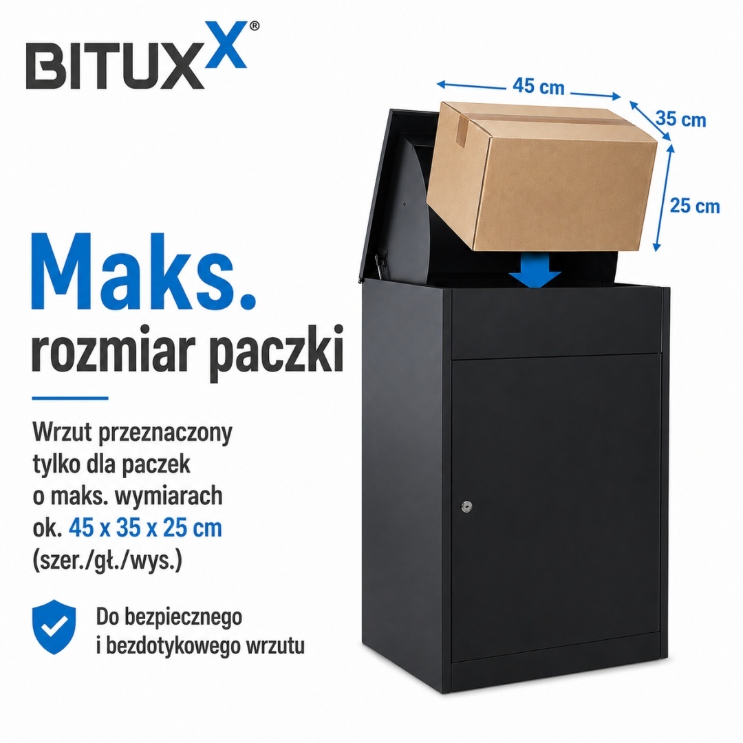 Schránka na balíky BITUX 90L ocelová uzamykatelná černá voděodolná 53x41x76,5 M19995